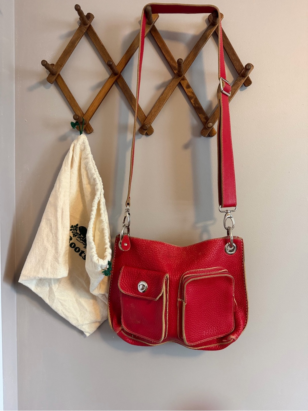 Roots Canada Tomato Red Pebbled Leather Crossbody Handbag
12" x 10" x 4"